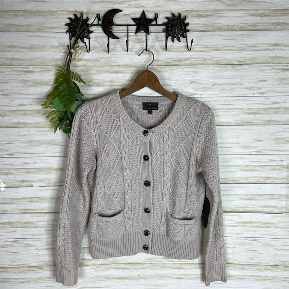 Fenn Wright Manson Oatmeal Neutral Tan Cable Knit Wool Blend Button Cardigan - Picture 1 of 6